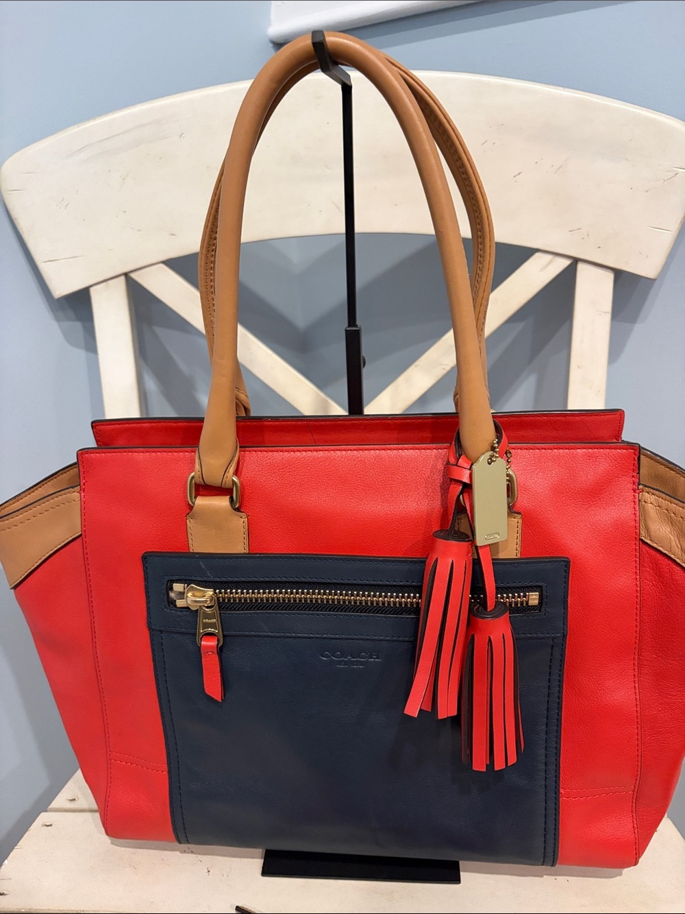 Coach Colorblock Leather Tote in Red, Navy & Tan with wallet - Picture 2 of 10